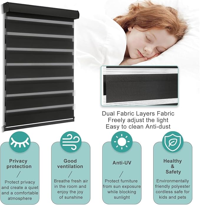 MYshade Cordless Zebra Blinds with Free-Stop Function - Dual Layer Light Filtering & Privacy Sheer Shades for Day and Night - Easy Install Window Shades for Home, Living Room, 34" W x 64" H,Black
