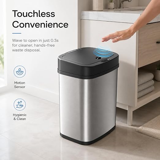 DZT-12-5 12L Stainless Steel Smart Waste Bin with Motion Sensor | Touchless Auto-Open Lid & Soft-Close for Bathroom, Kitchen & Office (Sliver)