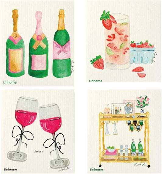 Cloth, Cocktail Collection, Reusable Paper Towel, Super Absorbent Cellulose Sponge, Washable Kitchen Cleaning Cloth (Festive Cocktails - 4 Pack)