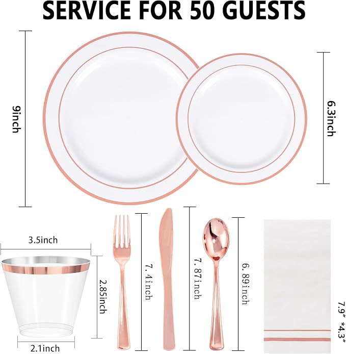 GATHER 350PCS Rose Gold Plastic Plates - Disposable Rose Gold Dinnerware Sets Includes 100 Gold Rimmed Plastic Plates, 150 Silverware, 50 Napkins, 50 Cups for Party, Wedding
