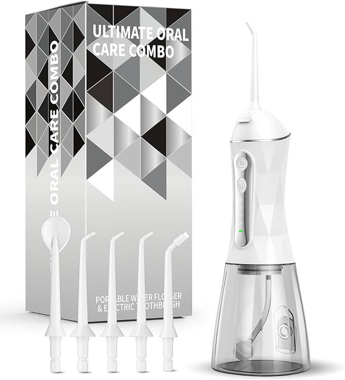 Electric Water Dental Flosser - Cordless Portable Teeth Cleaner, Rechargeable 320ML Larger Water Tank Oral Irrigator, 4 Modes with 5 Jet Tips and Travel Bag, IPX7 Waterproof (White)