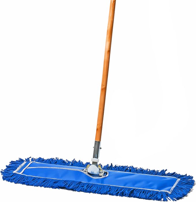 24 Inch Blue Commercial Dust Mop & Floor Sweeper – Wood Handle Floor Mop for Tile, Hardwood & Concrete