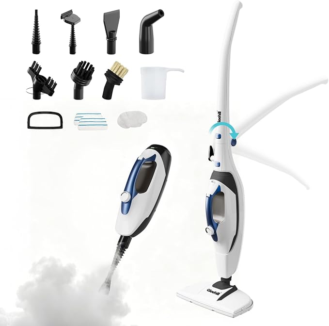 10-in-1 Steam Mops for Floor Cleaning, 302℉ Detachable Handheld Steam Cleaner with 400ml Water Tank and 26.25ft Power Cord, Folding Steamer Mop for Hardwood and Tile Floors, Blue & White