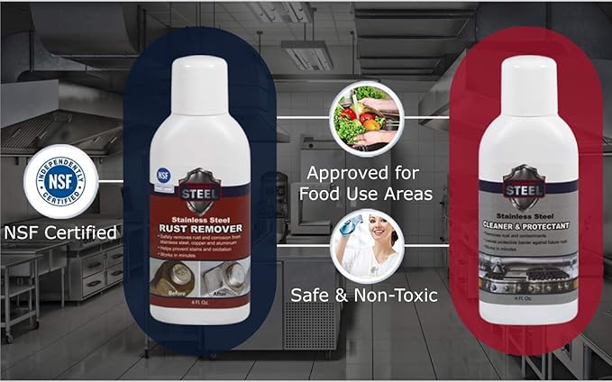 CLEAN MY STEEL Stainless Steel Rust Remover and Protector Kit, NSF Certified, 4 oz, Includes B570 Rust Remover, B580 Cleaner and Protector, Sponge and Gloves