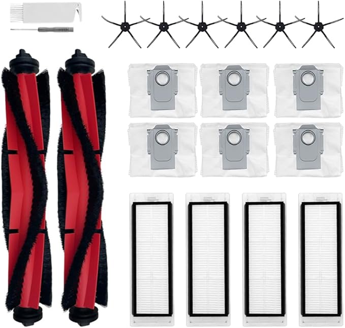 20Pcs Q5 Accessories Kit Replacement Compatible with Roborock Q5 Robot Vacuum, 2 Main Brush, 6 Side Brushes, 4 HEPA Filters, 6 Dust Bag, 1 Cleaning Tool