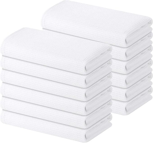 Homaxy 100% Cotton Waffle Weave Kitchen Towels - 12 Pack Soft and Absorbent Dish Towels - 16 x 26 Inches Quick Dry Hand Towels - White