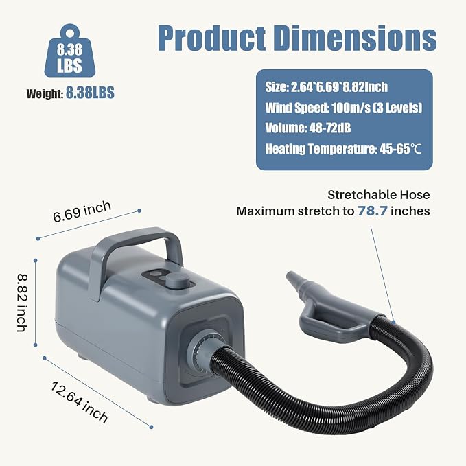 DUMOS Pet Grooming Blow Dryer, Low Noise Dog Hair Dryer with Adjustable Wind Speed & Heater Temperature, Cool-Warm-Hot Cycle Mode, 4 Nozzles, 6.5 FT Cord, Grey