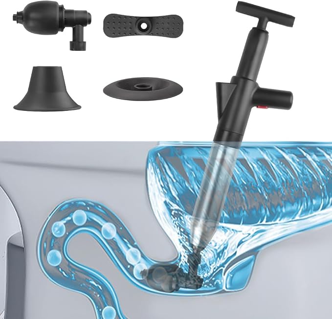 High Pressure Toilet Plunger, 60CM Long Handle Air Drain Blaster with Barometer, 0.4Mpa Powerful Unclogger for Toilet Sink Shower Floor Drain, Splash-Proof Heavy Duty Plumbing Tool (Black)