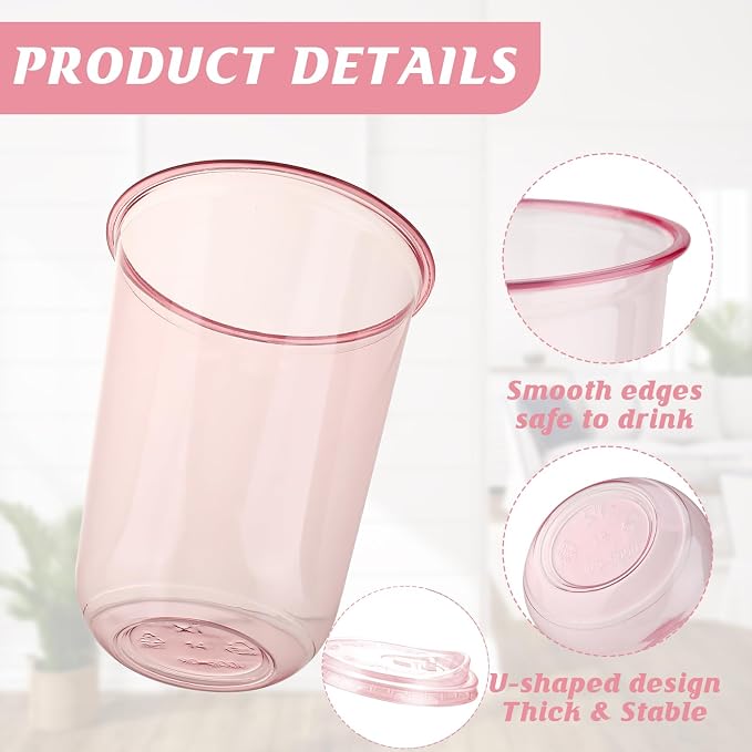 16oz Disposable Stemless Glasses With Strawless Sip Lids,PET Disposable Drinking Cups,Clear Plastic Wine Glasses for Parties Birthday,Wedding,Meeting,Christmas Party Supplies (100, Pink)