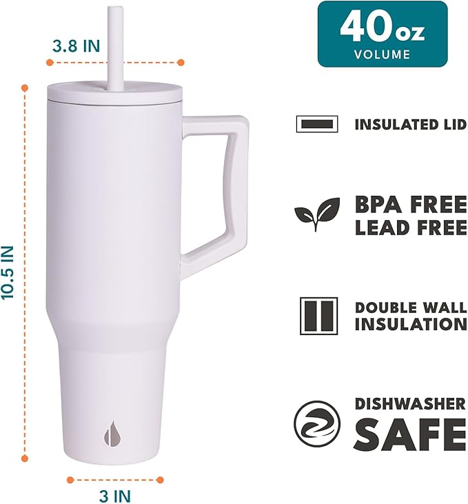 Elemental 40 oz Tumbler with Handle and Straw - Spill Proof Insulated Stainless Steel Commuter for Cold Beverages - Travel Coffee Mug with 2 Straws & Spill Proof Lid - 40oz - White
