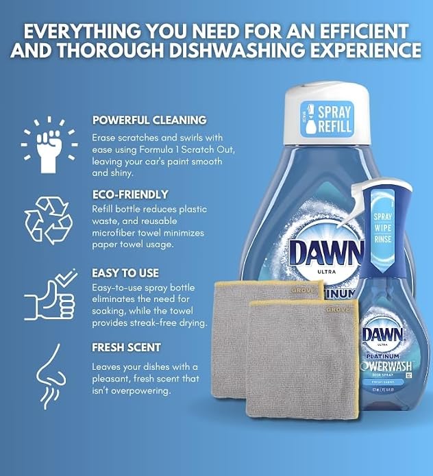Platinum Powerwash Fresh Scent Liquid Dish Spray 16 oz + 16 oz Refill Bundle with Microfiber Cloth - Dish Soap - Powerwash for Dishes and Hard-to-Reach Items - (4 Items)