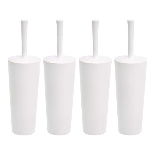 Amazon Basics Toilet Brush and Holder Set, Heavy-Duty Bristle Scrub Brushes with Non-Slip Handle, White, 4-Pack