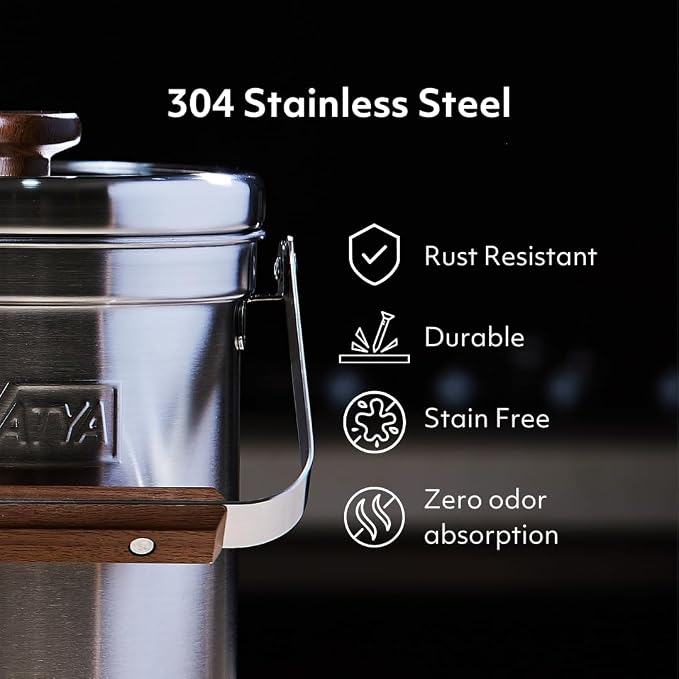 Vatya Stainless Steel Kitchen Compost Bin - NO Filter Countertop Composter, Composting Bucket, Counter Top Small Indoor Food Waste Container with Lid, Odorless Food Scrap Pail, Large 0.8 Gallon