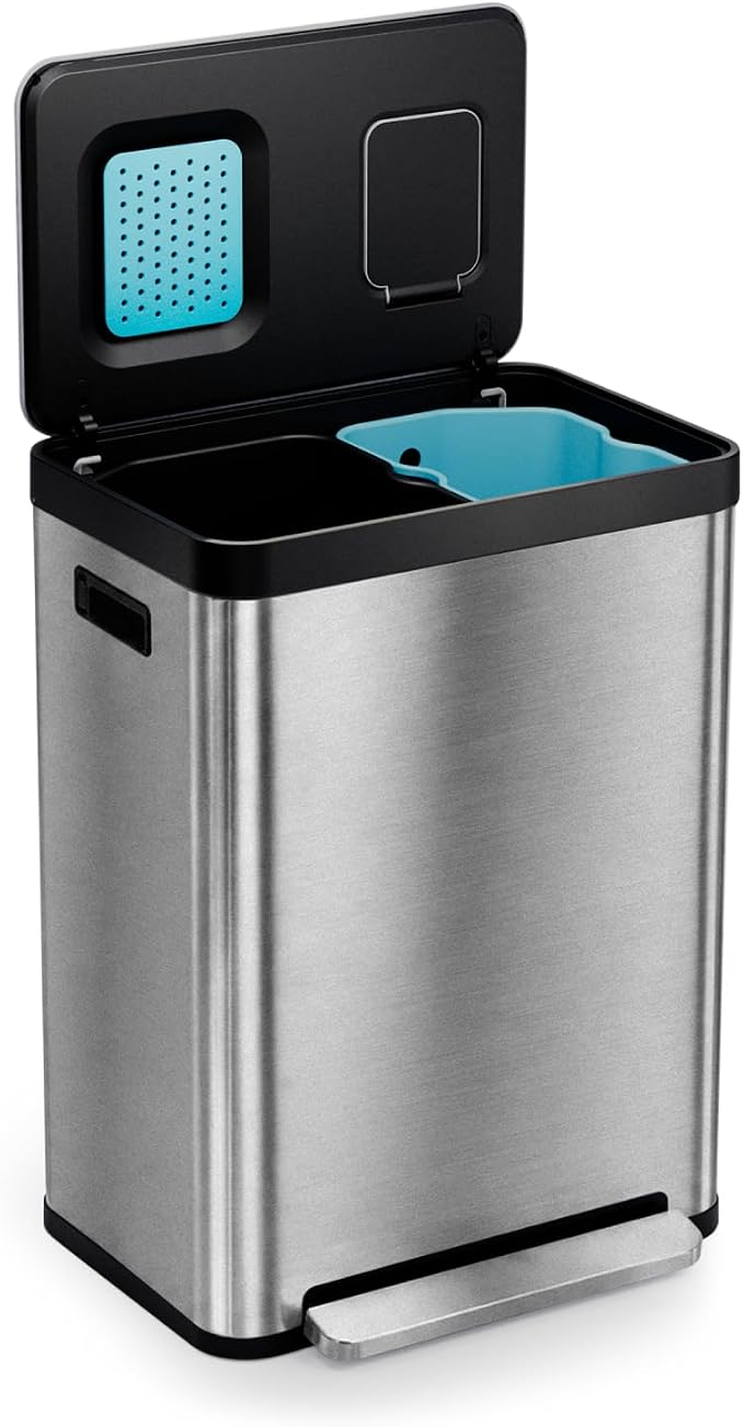 Home Zone Living 19 Gallon Kitchen Trash Can with Dual Compartments | Stainless Steel with CleanAura Odor Control, Soft-Close Step Pedal Lid and Recycling Flap for Quick Disposal, Silver