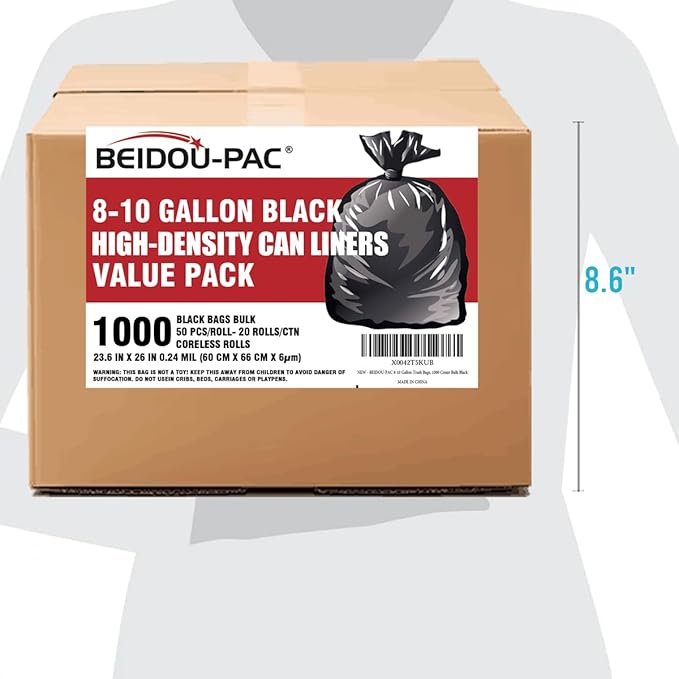 BEIDOU-PAC 8-10 Gallon Trash Bags, 1000 Count Bulk Value Pack, Black Garbage bags, Multi-purpose Trash Can Bin Liners for Bathroom, Office, Industrial, Commercial, Janitorial, Municipal, Recycling