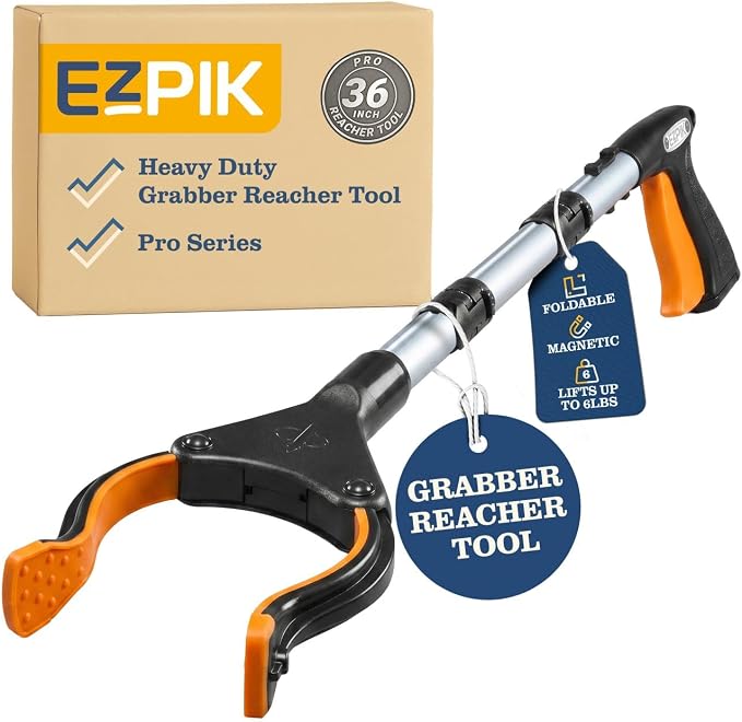 EZPIK Pro 36" Flexible Folding Grabber Tool for Elderly + Magnets, Reacher for Disabled & Seniors Heavy Duty Rotating Grippers for Reaching Underneath, Trash Grabbers & Dressing Stick