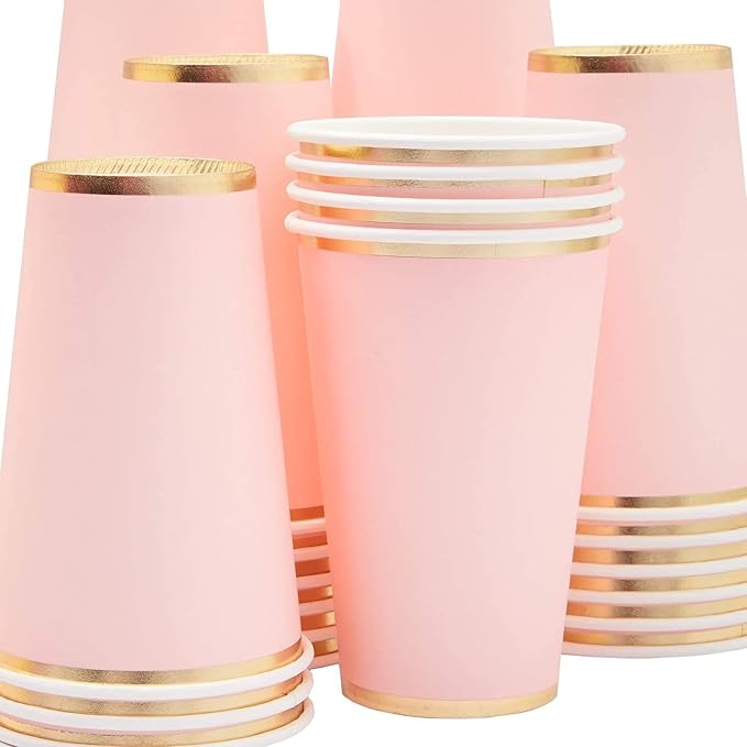 Juvale Pink Party Cups - 12 Oz, 100 Pack, Light Pink & Gold - Disposable Paper Cups for Hot & Cold Beverages - Bridal & Baby Shower