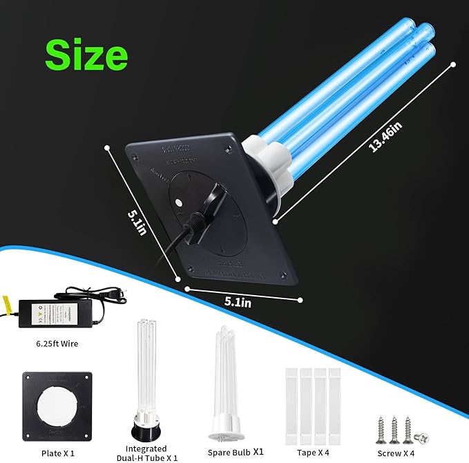 80W UV Light for HVAC Systems with 1 Spare Bulb, Ozone-Free Commercial/Whole House Duct UVC Lamp with Ceramic Base, Dual H-Tube 99.9% Efficiency with 253.7nm, for Hotel, Mall, School, Hospitals