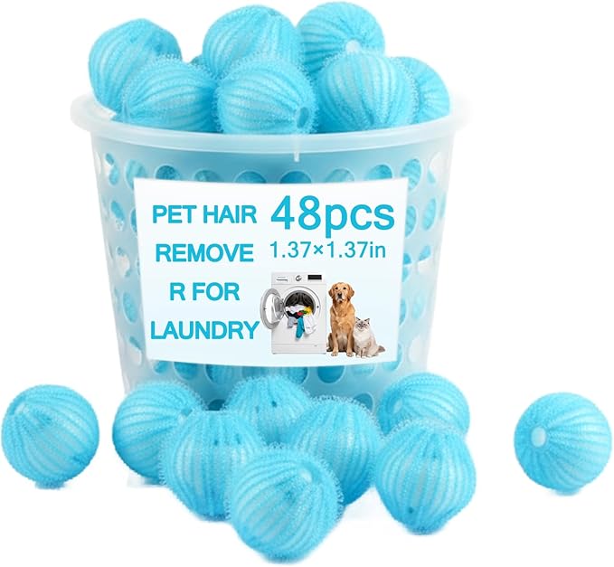 48 Pack Pet Hair Remover for Laundry, Pet Lint Balls for Dryer, Reusable Hair Catcher for Washing Machine, Dryer Balls for Pet Hair Removal, Clean Clothes and Fabric (Blue)
