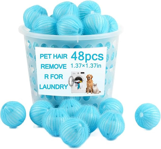 48 Pack Pet Hair Remover for Laundry, Pet Lint Balls for Dryer, Reusable Hair Catcher for Washing Machine, Dryer Balls for Pet Hair Removal, Clean Clothes and Fabric (Blue)