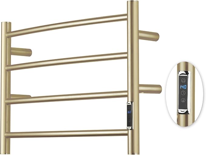 Heated Towel Racks for Bathroom, Wall Mounted Electric Towel Warmer Racks with Timer & Temperature Control,Heater for Bathroom, Brushed (Round-Brushed Gold, 4 Bars)
