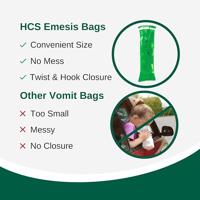 HCS Emesis Bags Disposable - Eco-Friendly, Premium, Hospital Grade, Adults & Kids - Vomit Bags Disposable for Car, Travel, Home Use - Throw Up, Barf, Puke - 24, Strong (40 fl oz)