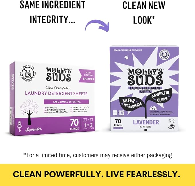 Molly’s Suds Laundry Detergent Sheets | Gentle on Sensitive Skin, Powerful Bio-Based Enzymes, Stain-Fighting | Liquidless & Plastic-Free Packaging | 120 Loads (Lavender)