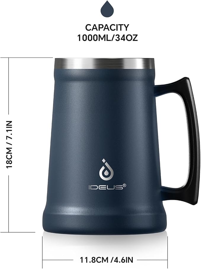 Ideus Insulated Beer Stein, 24/32oz Stainless Steel Double Walled Beer Mug Giant Bar Drinkware Metal Beer Cup with Big Grip Handle (Navy Blue, 34 ounces (1,000ml))