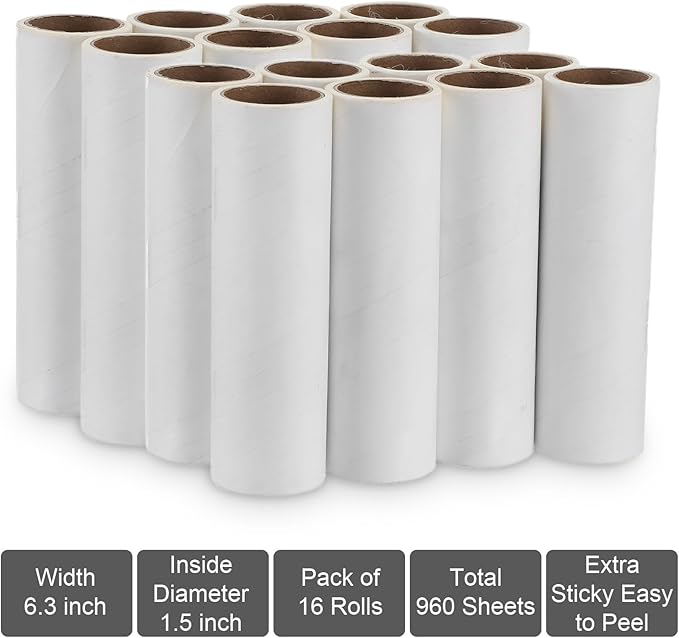 6.3 inch Wide Lint Roller Refills, Value Pack 16 Rolls Extra Sticky Lint Rollers Refill, Pet Hair Sticky Roller Refills for Floor, Couch, Carpet, Bed, Clothes(Pack of 16, Total 960 Sheets)