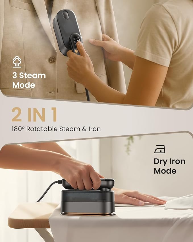 LOXP 2-in-1 Hand Held Steamer Iron for Clothes, 1000W Travel Steamer with Ceramic Soleplate, 9s Fast Heat-Up, Leak-Proof 170mL Tank, Self-Clean, Portable Wrinkle Remover for Home & Travel, 120V, Black