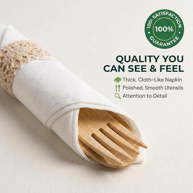 Pre Rolled Napkin and Bamboo Cutlery Set - 30 Pack Bamboo Utensils Wooden Cutlery 30 Forks 30 Knives 30 Spoons 30 Napkins, Pre Wrapped Disposable Silverware Cutlery for Party, Wedding, Events