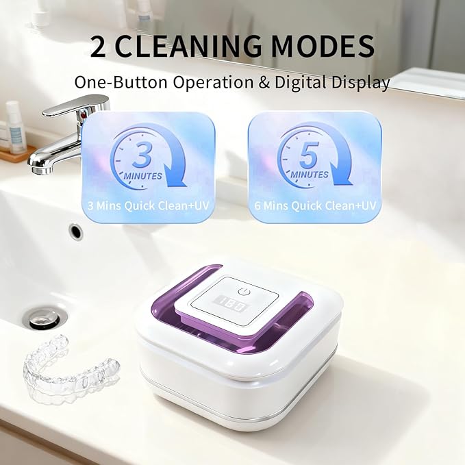 Ultrasonic Retainer Cleaner for Aligners, Mouth Guards & Dentures, 42kHz Compact Ultrasonic Denture Cleaner with Digital Timer, Portable Dental Cleaner for Home & Travel (White)