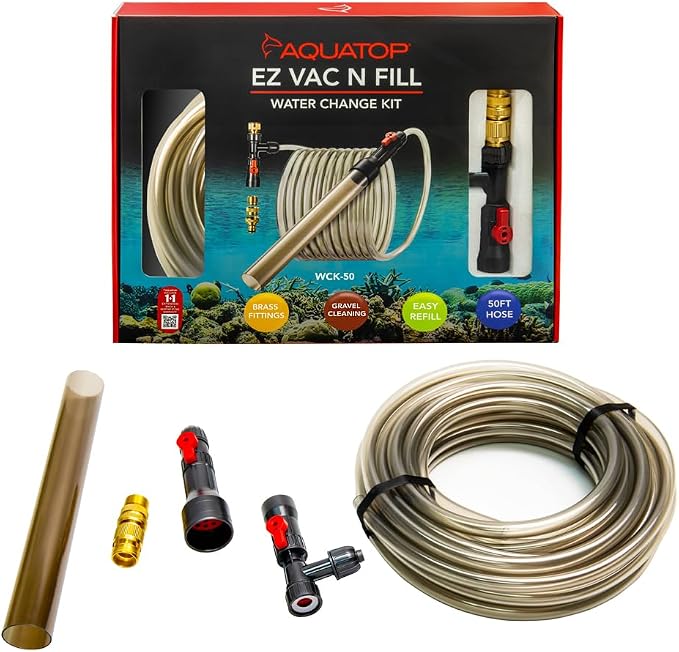 Aquatop EZ Vac-N-Fill 50Ft Aquarium Vacuum & Refill Kit – WCK-50 – Gravel Cleaner with Durable PVC Hose & Brass Faucet Adapters – Simplifies Water Changes