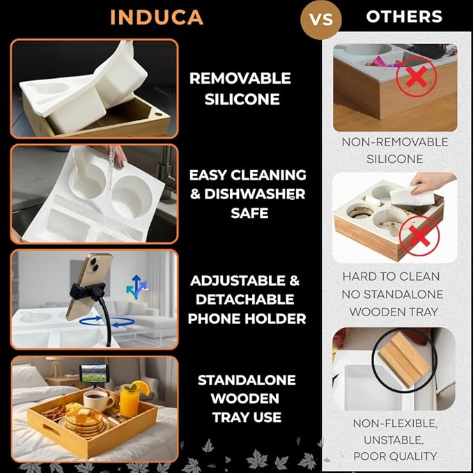 Couch Caddy with Cup Holder | Wood Couch Cup Holder Tray for Drinks, Snacks & Remotes | Couch Tray for Bed, Car Seat & Beach Organizer (White)