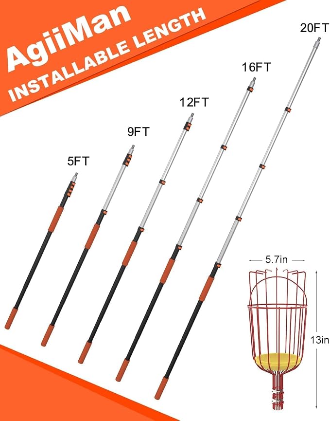 AgiiMan 28 Reach Fruit Picker with Telescopic Extension Pole, 5 to 20 FT Fruit Picker Pole Lightweight and Sturdy Aluminum Telescopic Pole, Easy to Assemble Fruit Picking Basket