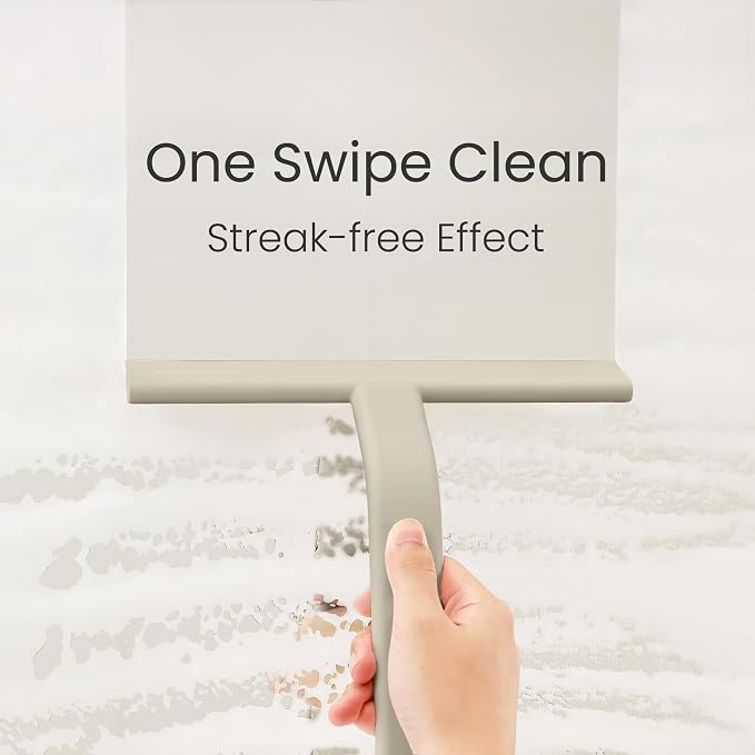 dancemoon JustHang Shower Squeegee for Glass Doors, All-One-Piece Award-Winning Silicone Squeegee with Built-in Hook for Bathroom,Window, Mirror, Tile Wall,Car, Streak-Free Cleaner,10-Inch Light Taupe