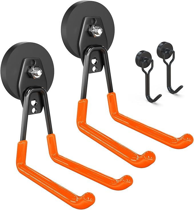 3-H Extra Strong Magnetic Hooks,Heavy Duty Large Anti-Slip Magnet Hooks U Shape,No-Drill Tool Holder for Garage,Power Drill,Garden Tools,Hose Storage,2 Pack Orange