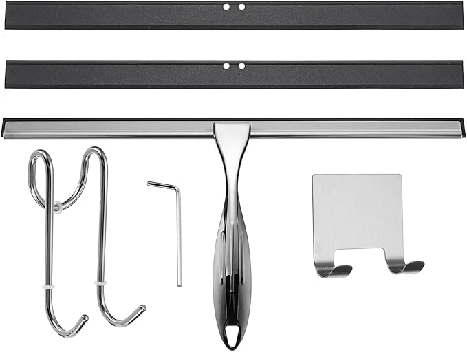 uxcell 14 Inch Shower Squeegee for Glass Doors, Stainless Steel All-Purpose Bath Squeegee with Hooks Holder Square Sticky Hook for Bathroom Window Mirror Car Glass, Silver
