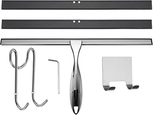 uxcell 14 Inch Shower Squeegee for Glass Doors, Stainless Steel All-Purpose Bath Squeegee with Hooks Holder Square Sticky Hook for Bathroom Window Mirror Car Glass, Silver