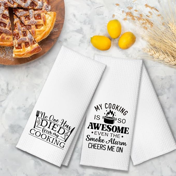 No One Has Died from My Cooking Kitchen Towels 2 Pack, Kitchen Towels Set for Cooking Enthusiasts, Halloween Birthday Gifts for Wife Chefs Cooking Lovers, Fun Dish Towels with Sayings