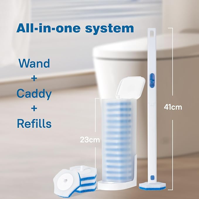 Disposable Toilet Brush Wand Kit with 48 Refills - No-Touch Hygienic Cleaning System, Long Handle Toilet Bowl Cleaner Set for Bathroom, White
