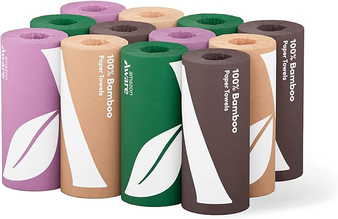 Amazon Aware Bamboo Paper Towels, 12 Rolls, 2 ply, FSC Certified, 150 Sheets, 1800 Count, Pack of 12, Plastic-Free, White