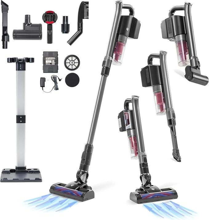 IRIS USA Cordless Cyclone Vacuum Cleaner w/Motorized Brush Head, Stand Base & 4 Attachments, 60K RPM Suction Stick, Rechargeable Battery, 35-Min Runtime, for Hard Floors, Rugs, Carpets, Home & Office
