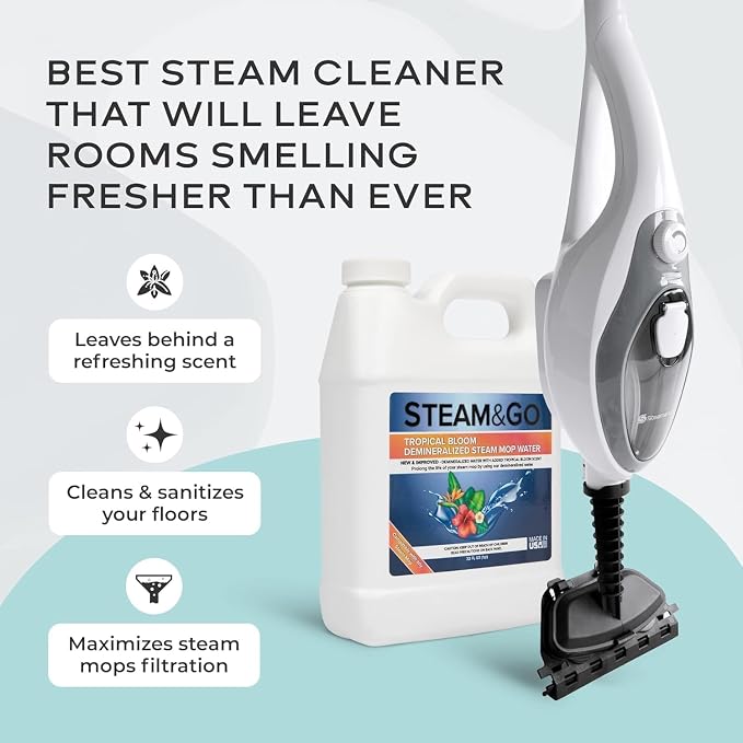 Steam & Go - The Housekeeper Steam Cleaner For Floors & Demineralized Water Bundle, 10-in-1 Hard Floor Cleaner Machine & Grout Steam Cleaner with Floor Cleaning Solution, 32 oz, Tropical Bloom Scent