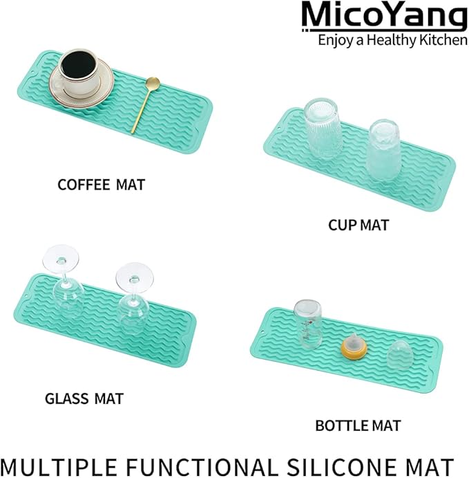 MicoYang Silicone Dish Drying Mat for Multiple Usage,Easy clean,Eco-friendly,Heat-resistant Silicone Mat for Kitchen Counter,Sink,Bar,Bottle,or Cup Mint M 17 inches x 6 inches