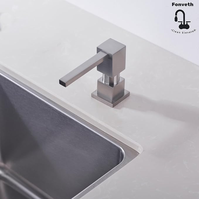 Built in Sink Soap Dispenser Dispenser Square with 47'' Long Tube, Brushed Brushed Nickel Brass Pump Head for Kitchen Sink with 17 oz Bottle