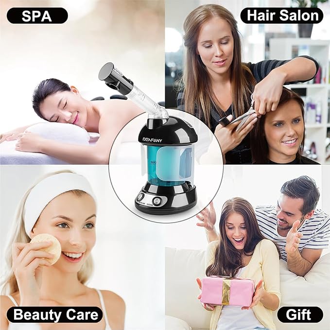 Facial Steamer - DENFANY Nano Ionic Face Steamer with Extendable 360° Rotating Arm - Portable Facial Steamer for Personal Care at Home or Salo （Black）