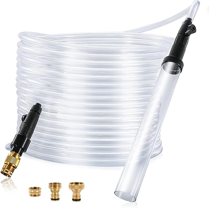 Aquarium Siphon Vacuum Gravel Cleaner Kit for Fish Tank Cleaning Gravel & Sand, Fish Tank Water Changer Metal Faucet Connector with Long Hose Drain & Fill（32ft）