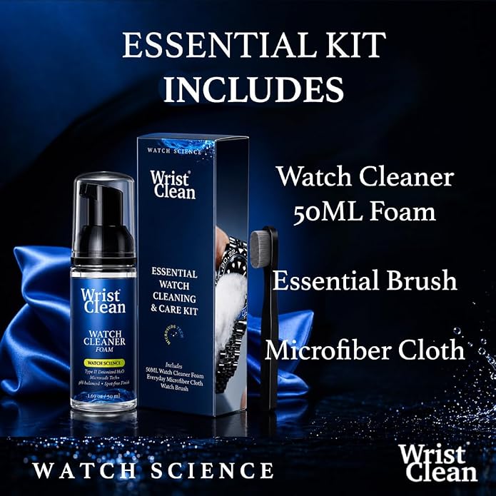 Essential Watch Cleaning Kit | Safe on all Metals & Crystals | (1x) Watch Cleaner Foam 50ML, (1x) Everyday Watch & Jewelry Cleaning Cloth 10"x10", (1x) Watch Cleaning Brush | USA Made (3 piece set)