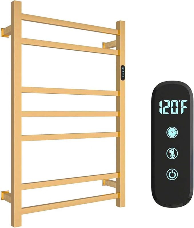 Luxury Heated Towel Rack for Bathroom, Wall Mounted Electric Towel Warmer Racks with Timer & Temperature Multi-Level Adjustable, 7 Bar Stainless Steel Towel Heater for Bathroom (Brushed Gold)